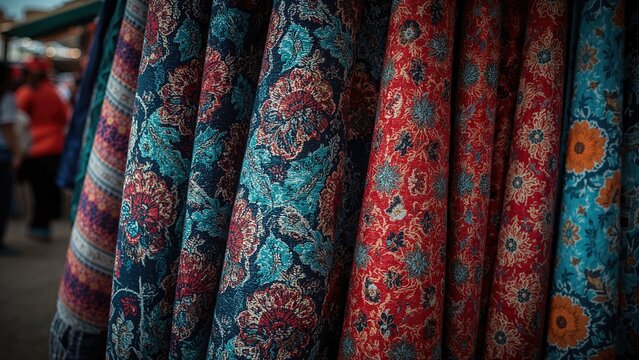 Authentic traditional woven cloths showcased at a marketplace