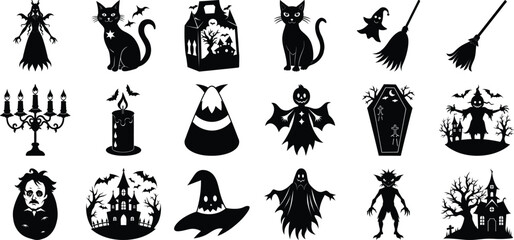 halloween sticker set includes ghost hat broom black cat pumpkin designs suitable cards posters stickers, halloween vector silhouette set