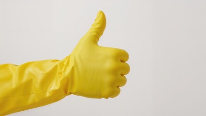 Hand wearing a yellow glove showing thumbs up