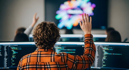 Student raising hand in coding class asking question technology education learning classroom teamwork programming software development computer science digital future innovation