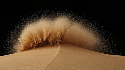 Galaxy-like sand blast in a windstorm over dunes and mountains with sunlight and rain on a dark backdrop