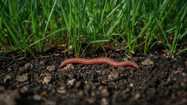 The earthworm travels over the dirt, making its way toward fresh green grass in a small insect environment.