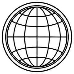 Black and white outline illustration of a globe representing the world and global connections isolated on white background