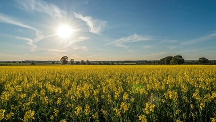 Golden crop field illuminated by sunshine with a backdrop of clear blue