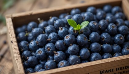 Raisins biologiques bleu fonc&eacute; dans une bo&icirc;te en bois rustique