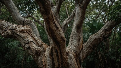 Ancient arid tree in dense forest, fully decayed with fissures. Surface detail