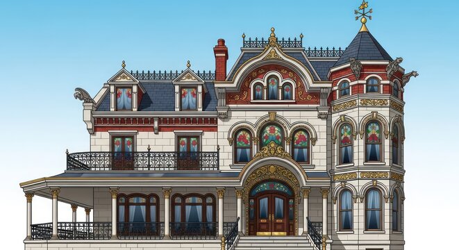Ornate Illustrated Mansion with Gold Trim, Gargoyles, and a Corner Turret