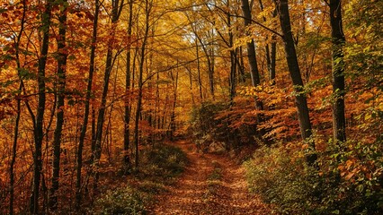 Naklejka premium Enchanting woodland in autumn gradually glowing with gold