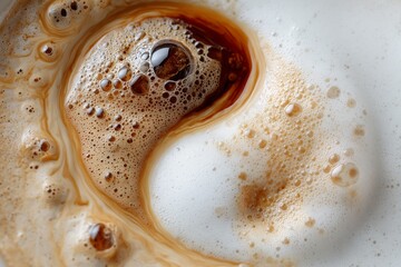 Close-up of a yin yang symbol created with swirling coffee and milk foam, showing rich brown and creamy white textures
