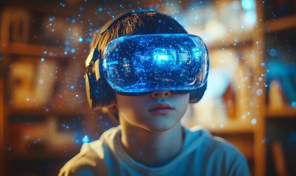 School student with VR headset using AI technology and machine learning. Interactive technology in the classroom. Innovation and smart tech with AI blue hologram in education, Generative AI