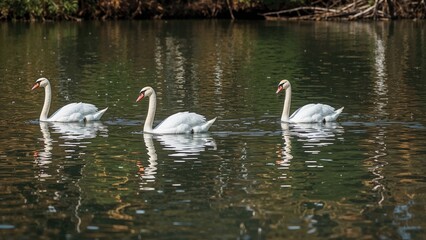Fototapeta premium Serene swans drift gently across calm waters, their silhouettes perfectly reflected in the lake below.