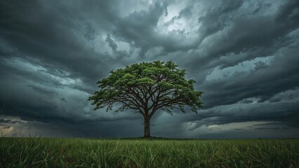 Tiny tree under stormy summer skies with heavy rain, illustrating the moments before a typhoon.
