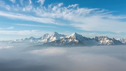 Misty clouds part to reveal towering snowy summits beneath a bright azure sky, forming a tranquil and enchanting scene.