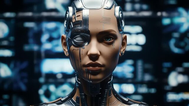 A futuristic cyborg woman with a metallic face and a screen background.
