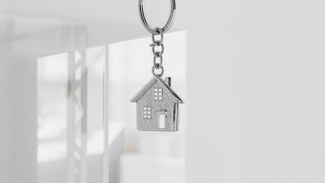 Metal key attached to a silver house-shaped keychain on a clear backdrop