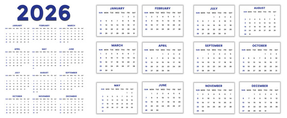Calendar 2026 year vector illustration, Set of 12 Months, week starts on Sunday, Simple planner template, desk, table calendar 2026 year, wall calendar 2026 template, print media, Business template