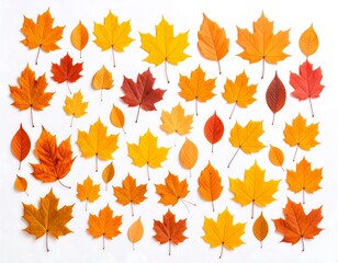 Fototapeta premium Autumn leaves in various shades of orange and yellow on white background