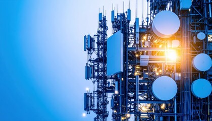 High tech telecommunications tower with blue sky backdrop and illuminated lights