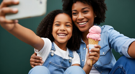 Happy mother and daughter enjoying ice cream selfie summer fun family time sweet treat delicious dessert joyful moments quality time together outdoor happiness