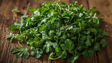 Obraz premium Seasonal leaf salad featuring purslane, parsley, and sesame