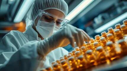 Healthcare lab scientist in a white protective suit and gloves examining medication in a pharmaceutical drug factory mass-producing over-the-counter medicine, Generative AI