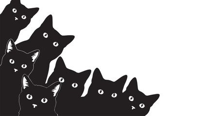 Set of Black Cats Peeking from Corners