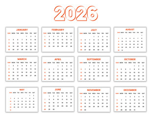 Calendar 2026 year vector illustration, Set of 12 Months, week starts on Sunday, Simple planner template, desk, table calendar 2026 year, wall calendar 2026 template, print media, Business template