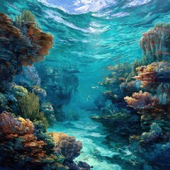 Fototapeta premium Underwater coral reef scene, ocean sunlight, vibrant fish, travel brochure