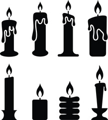 Black silhouette candle icons with flames, wax dripping design, vector candle set for decoration, 
