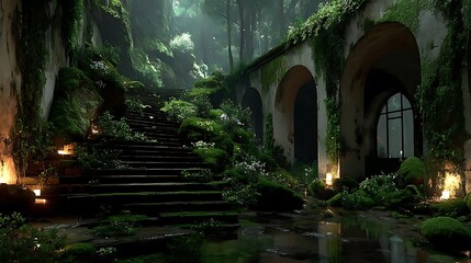Fototapeta premium Enchanted moss covered stone staircase leading to ancient arched ruins in a mystical forest