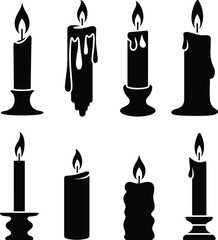 Black candle silhouettes, melting wax candles, vintage candle clipart, candle flame vector,