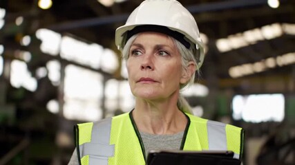 Senior Female Engineer Inspecting a Factory Using a Digital Tablet.