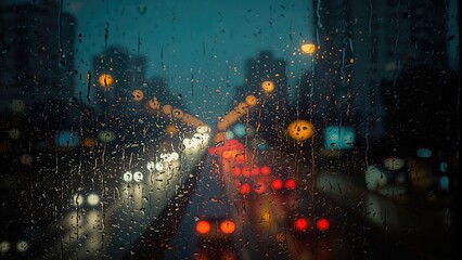 Wet window with scattered light orbs from street lamps, rainy evening cityscape, background image