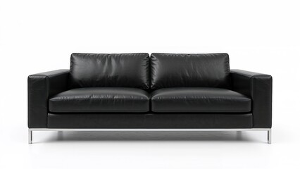 Fototapeta premium Two-seater cozy black leather couch isolated against white