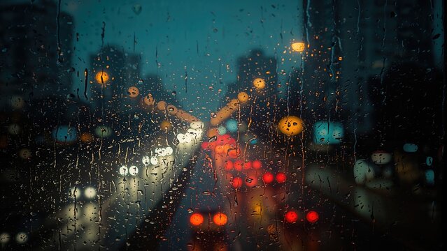 Wet window with scattered light orbs from street lamps, rainy evening cityscape, background image