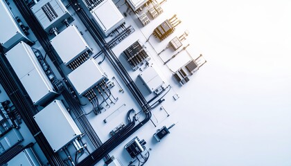 Aerial view of server hardware and complex wiring in modern data center environment