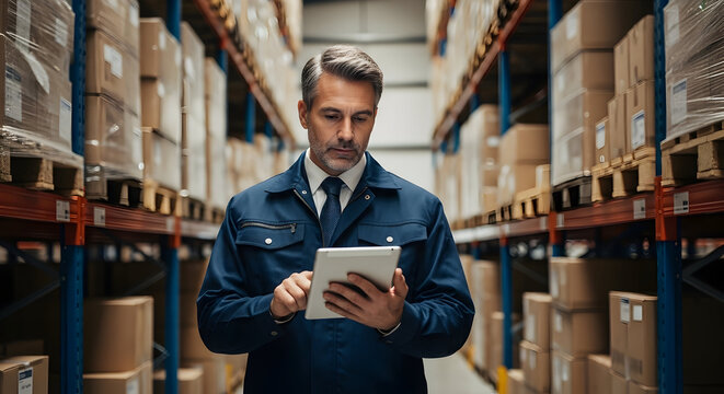 Warehouse Manager Inventory Control Using Tablet Technology Efficient Logistics Supply Chain Management Businessman Working in Distribution Center Modern Industrial Facility
