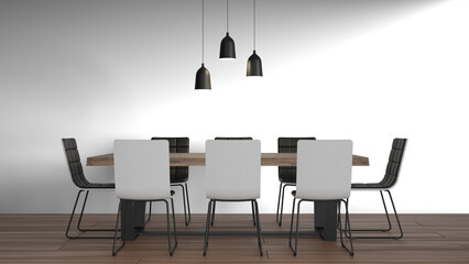 3D Render a dining room with a table and chairs