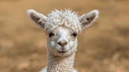 Fototapeta premium Adorable small white llama infant with soft fur and charming facial features including quirky ears