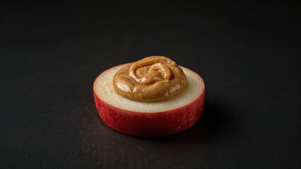 Dark background highlighting a healthy snack of red apple slices and peanut butter sandwich