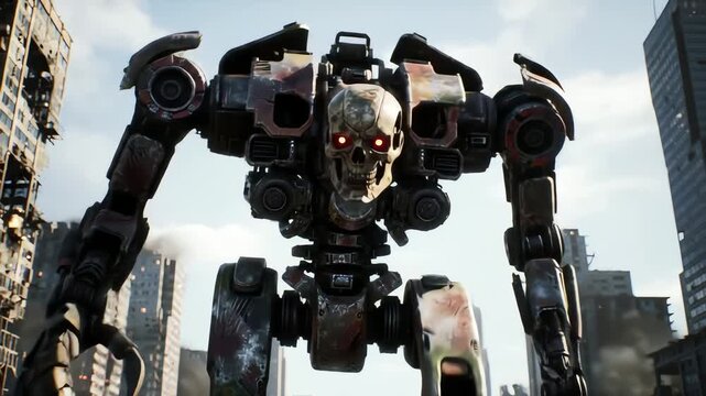 A large, menacing robot with a skull-like face stands amidst a ruined cityscape.