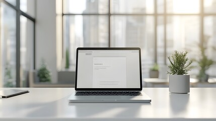 Fototapeta premium Laptop on an office desk in a well-lit modern workspace