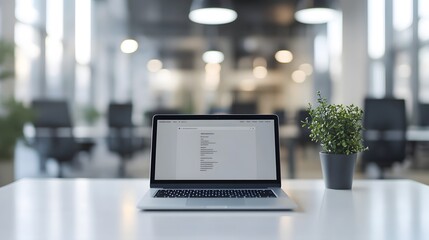 Laptop on an office desk in a well-lit modern workspace