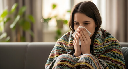 Woman feeling unwell sick flu cold illness symptoms sniffles tissue blanket couch home healthcare medical health winter season unwell feeling ill disease virus infection