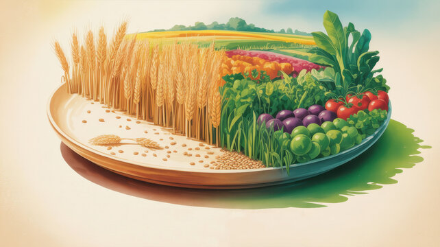Colorful agricultural landscape with wheat, vegetables, and blue sky on a plate