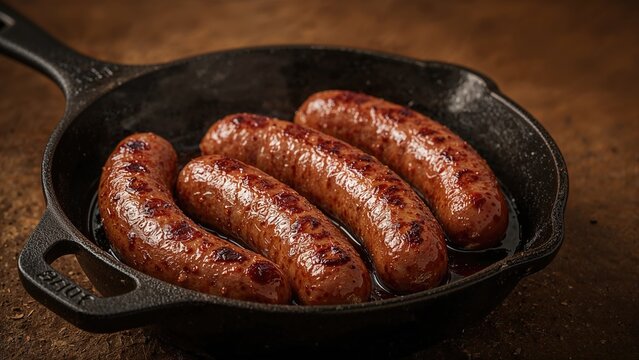 Authentic grilled bratwurst served in an old-fashioned cast iron pan