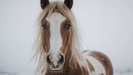 Close-up of a horse's face near a snowy shore