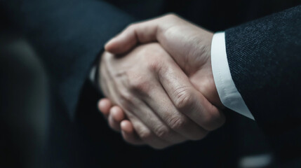 Obraz premium Close-up of two business people shaking hands, wearing a black suit and white shirt, cinematic, in a dark room