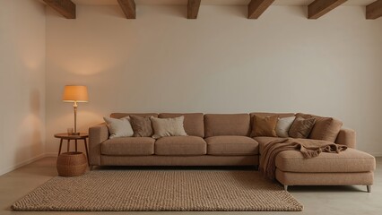 Luxurious living room interior design featuring cozy brown sofa and textured rug with soft lighting