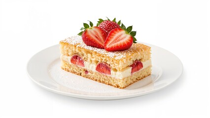 Classic strawberry pastry displayed on a white ceramic plate, a specialty of the area